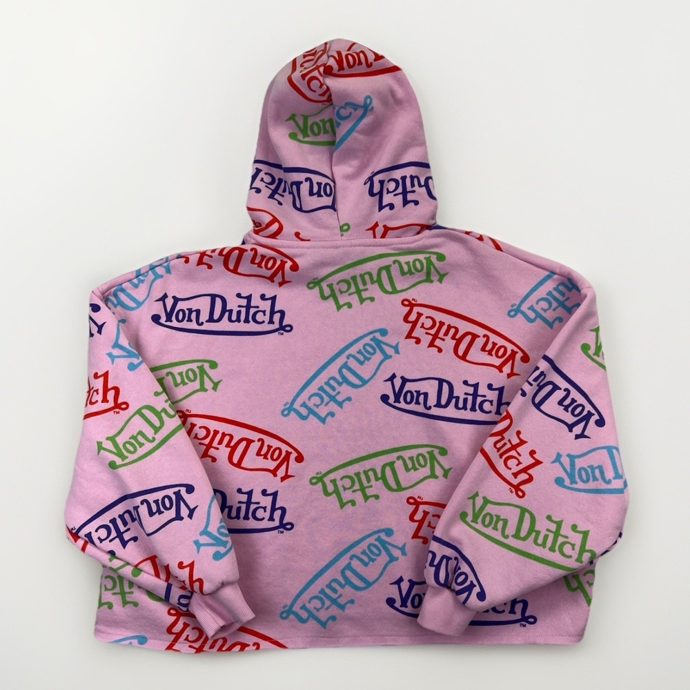 Von Dutch Pink All Over Logo Hoodie Sweatshirt Cropped Y2K Streetwear Womens S - Picture 5 of 9